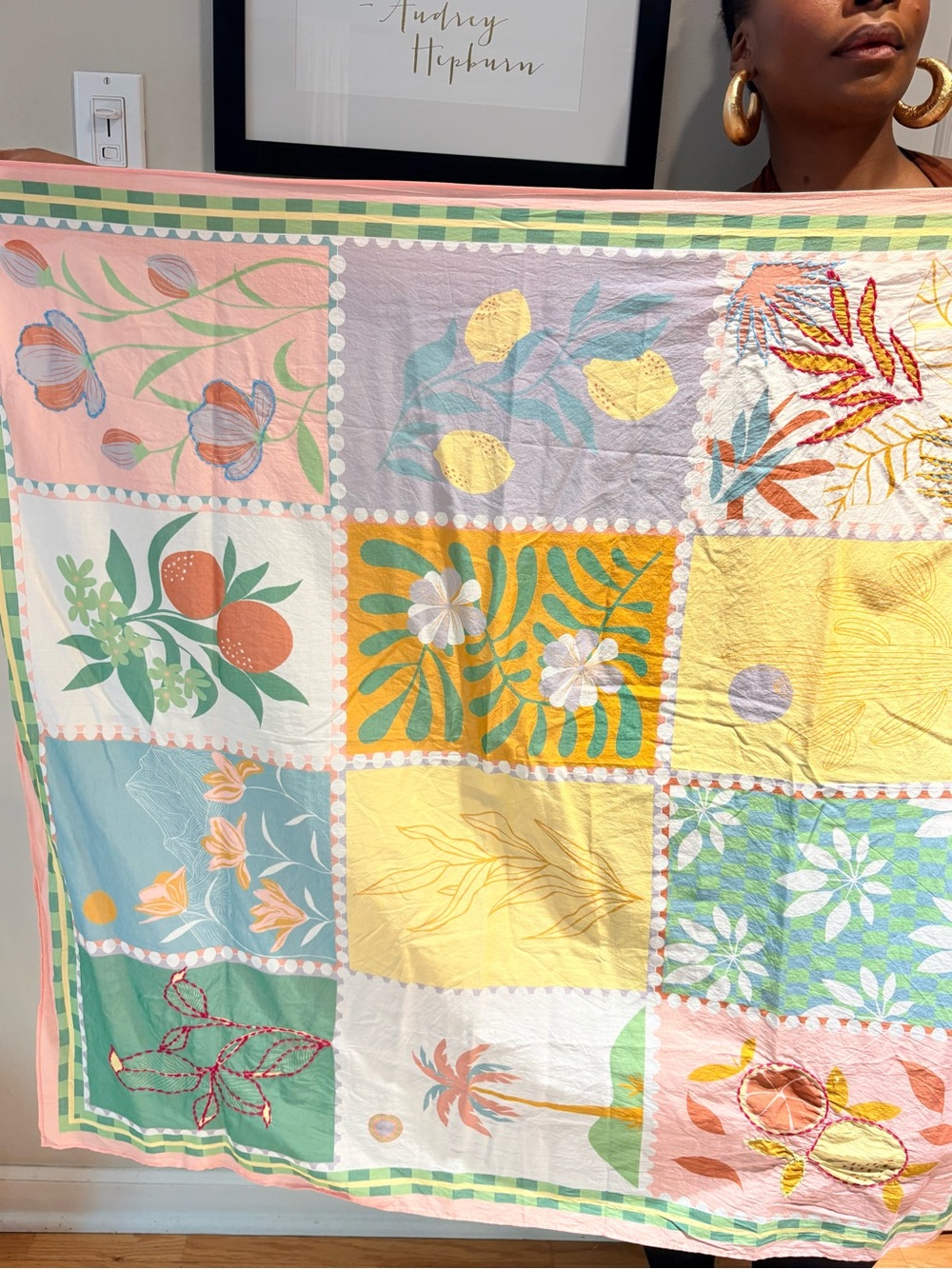 VISMAYA Pastel Patchwork Cotton Scarf Botanical Citrus Floral Wrap - OS